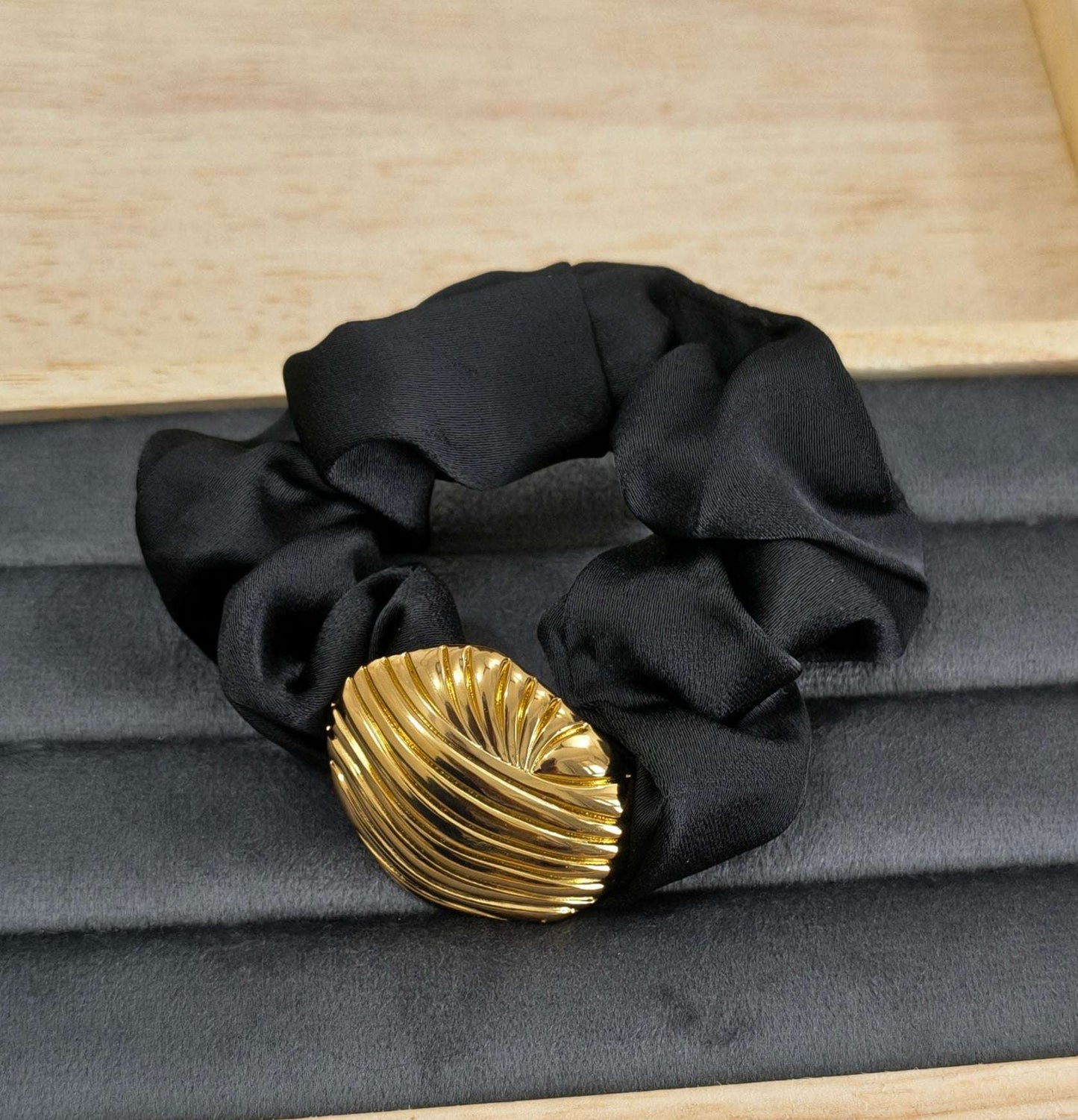 Spring Satin Scrunchie Metal Cuff Hair Band 18K Gold Plated