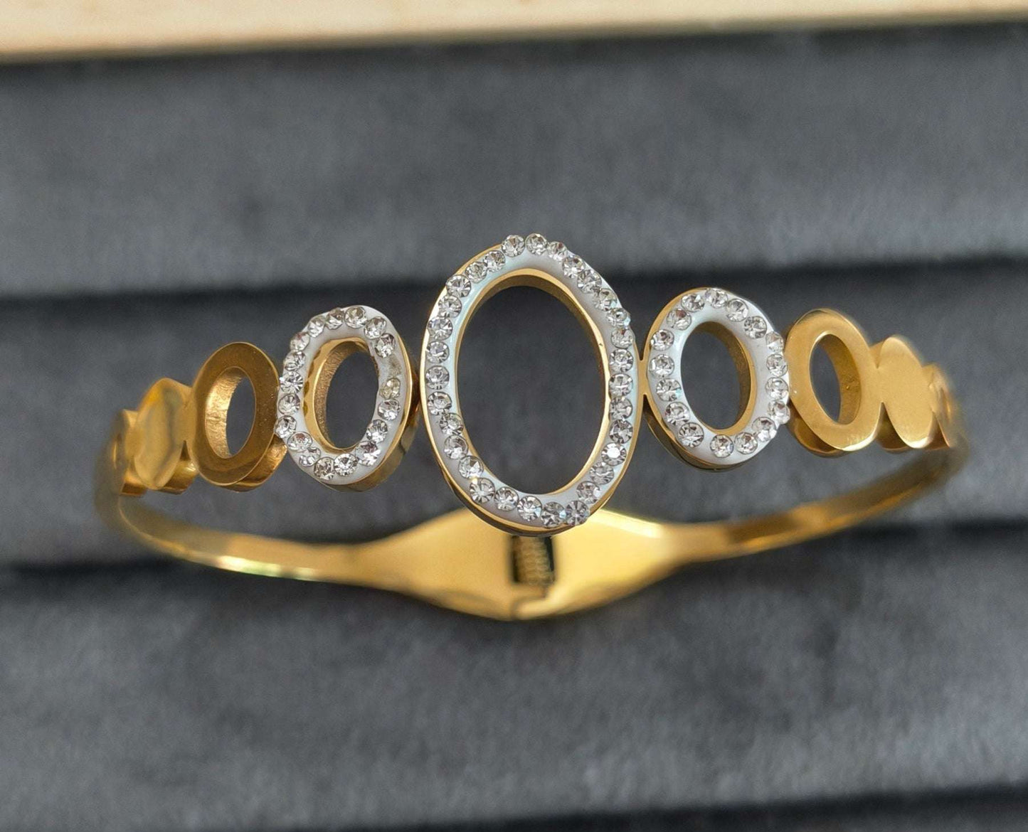 Stone Studded Hollow Circle Design 18K Gold Plated Bracelet