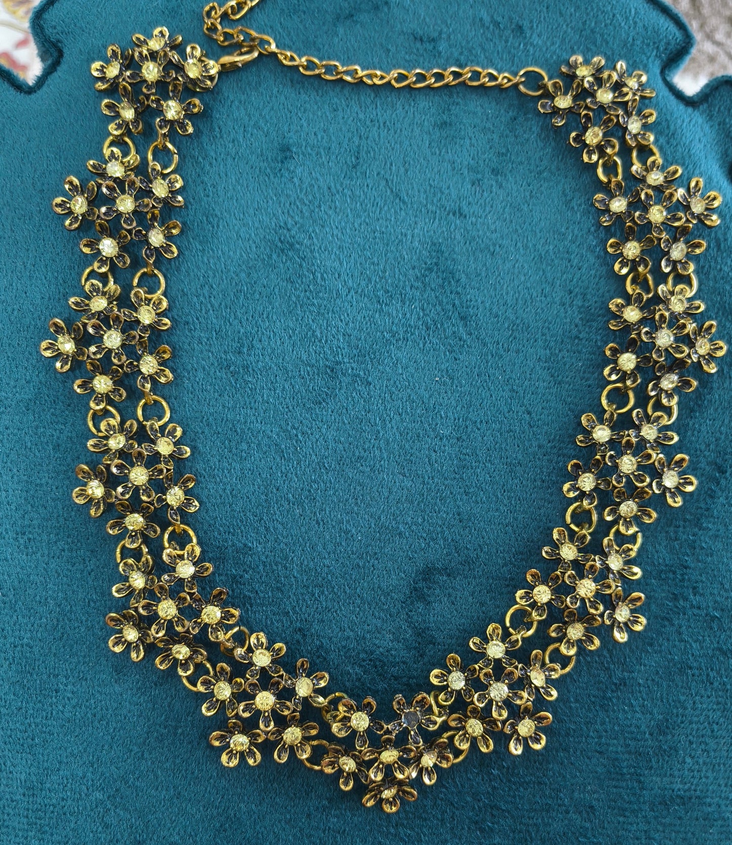 Stone Studded Antique Gold Toned Floral Choker Necklace