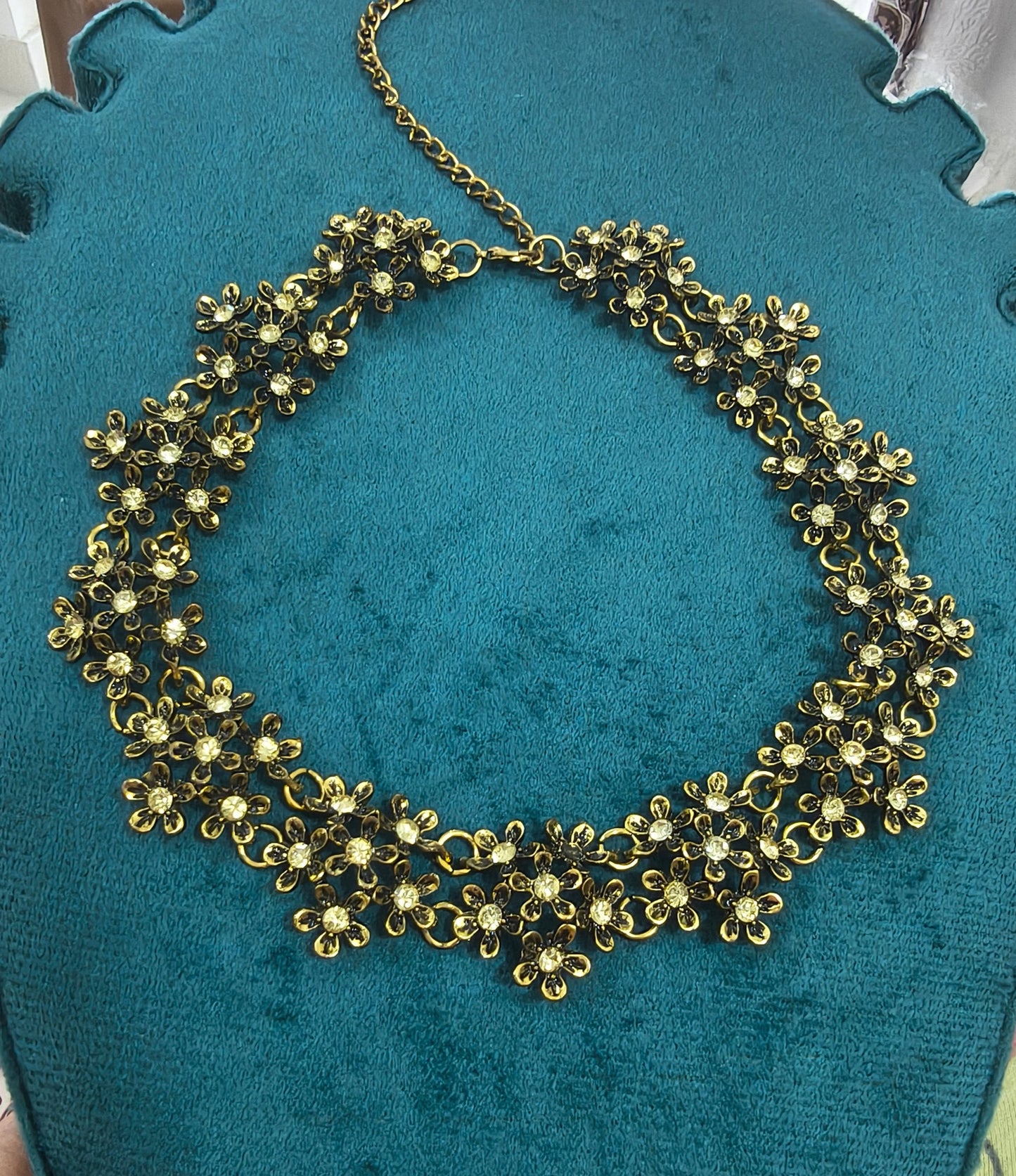 Stone Studded Antique Gold Toned Floral Choker Necklace