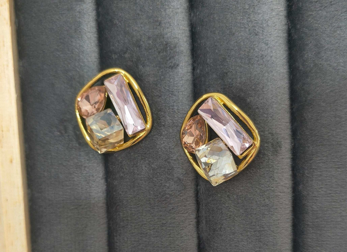Three Stone Studded Earrings Studs 18K Gold Plated