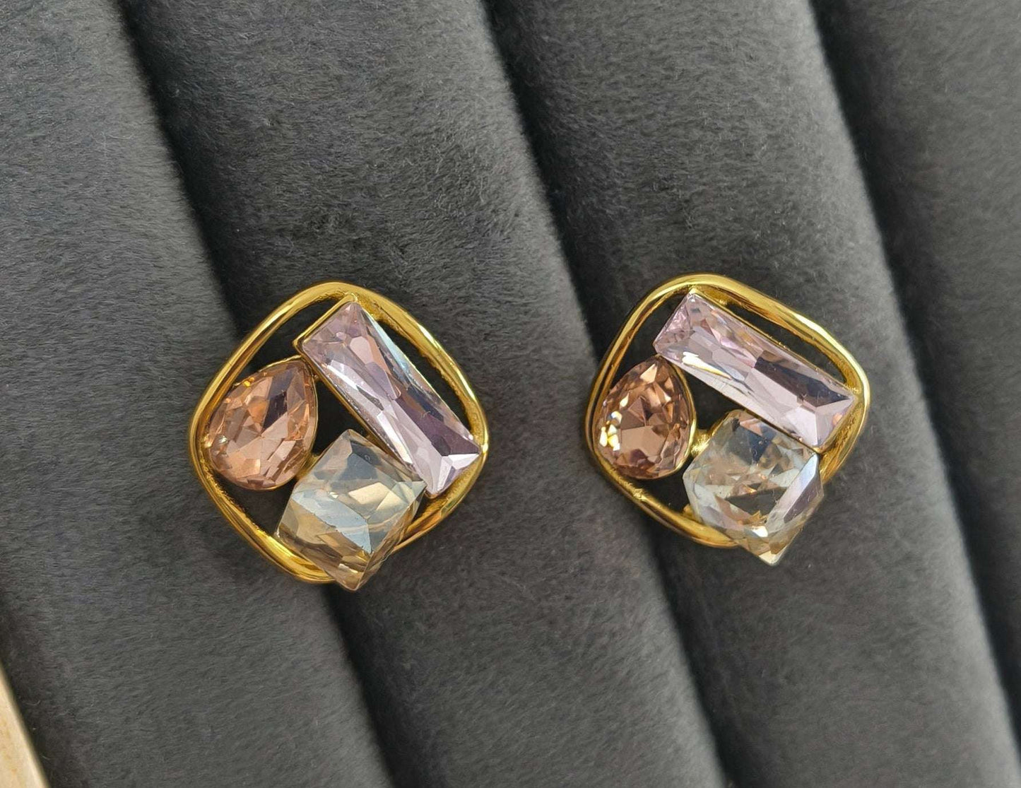 Three Stone Studded Earrings Studs 18K Gold Plated