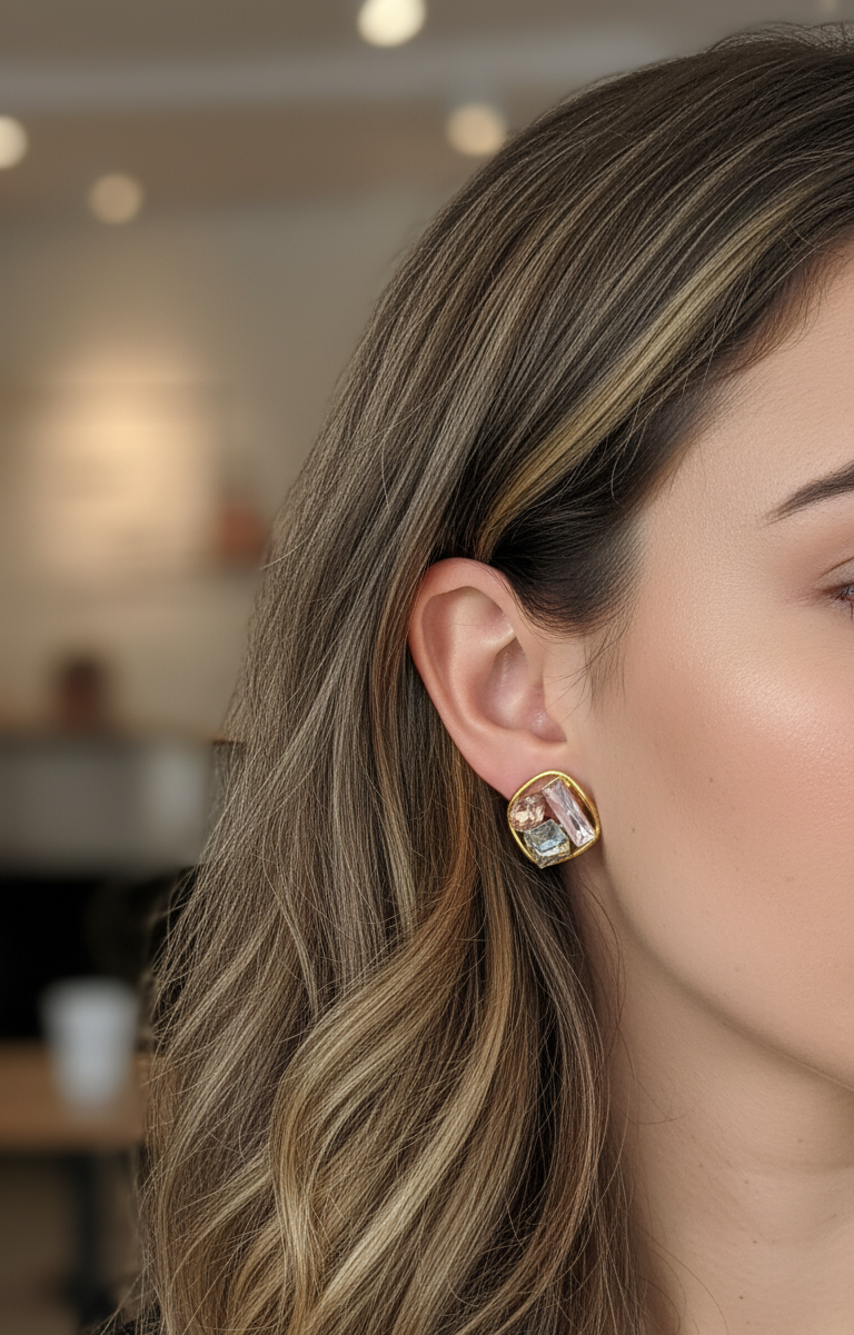 Three Stone Studded Earrings Studs 18K Gold Plated