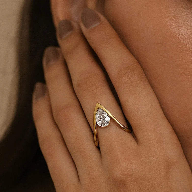 Trendy V Shape Solitaire Ring 18K Gold Plated