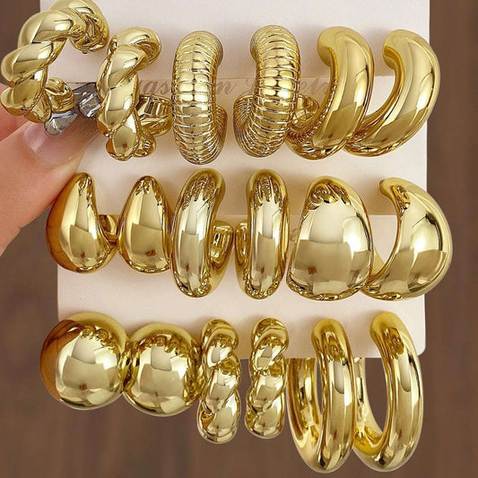 Pack of 9 Pair Golden lightweight CBC plated Hoops- Fancy Earrings - Urban Era Jewel