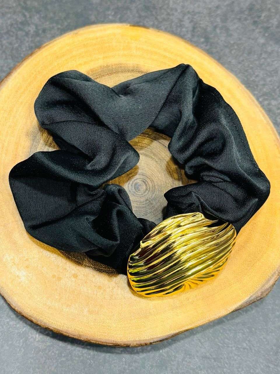 Spring Satin Scrunchie Metal Cuff Hair Band 18K Gold Plated