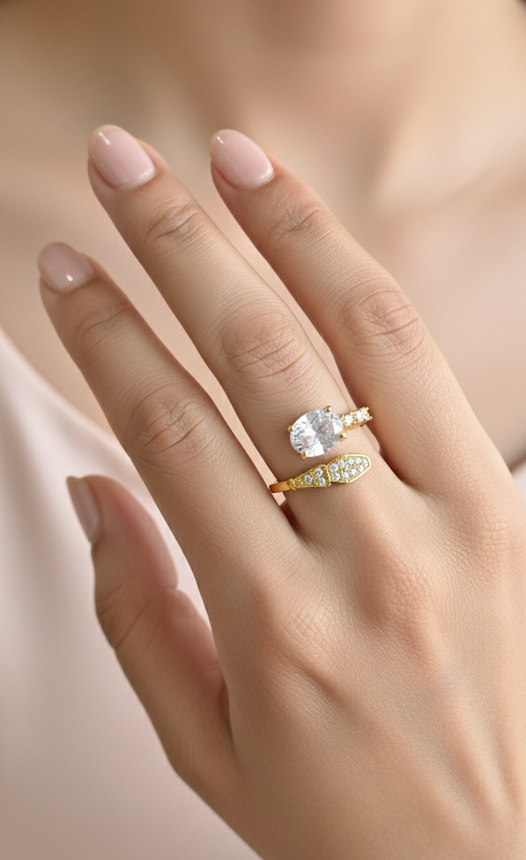 White Stone Studded Spiral Adjustable 18K Gold Plated Ring