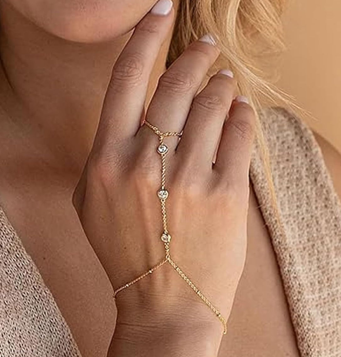 Zircon Stone Studded Stylish Hand Chain Bracelet 18K Gold Plated