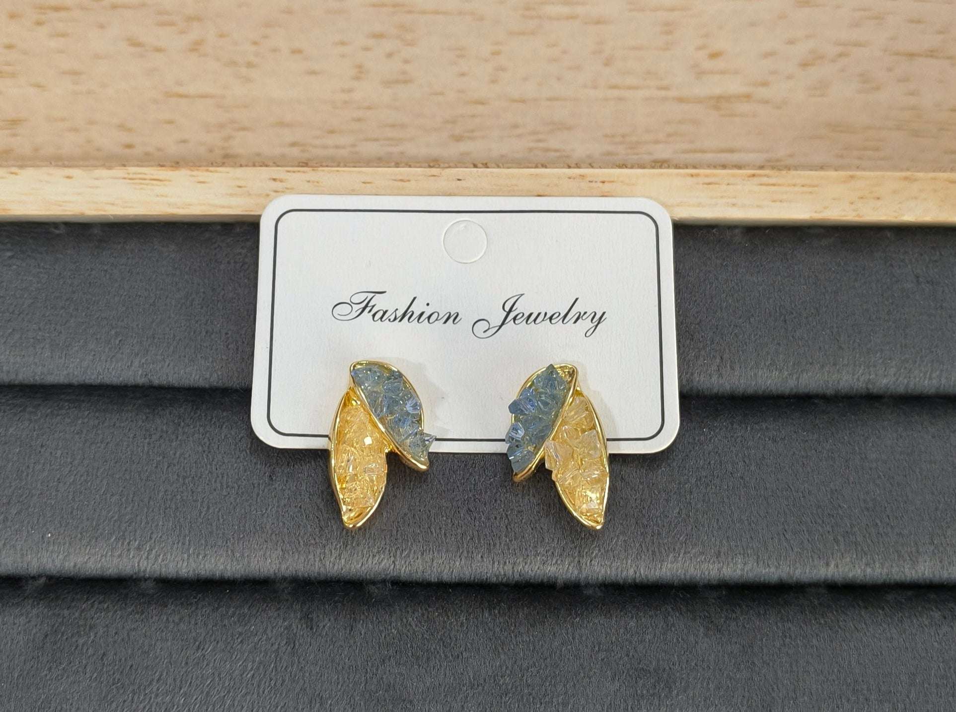 Anitarnish Leaf Shaped Blue Golden Crystal Stud Earrings