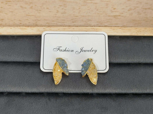 Anitarnish Leaf Shaped Blue Golden Crystal Stud Earrings
