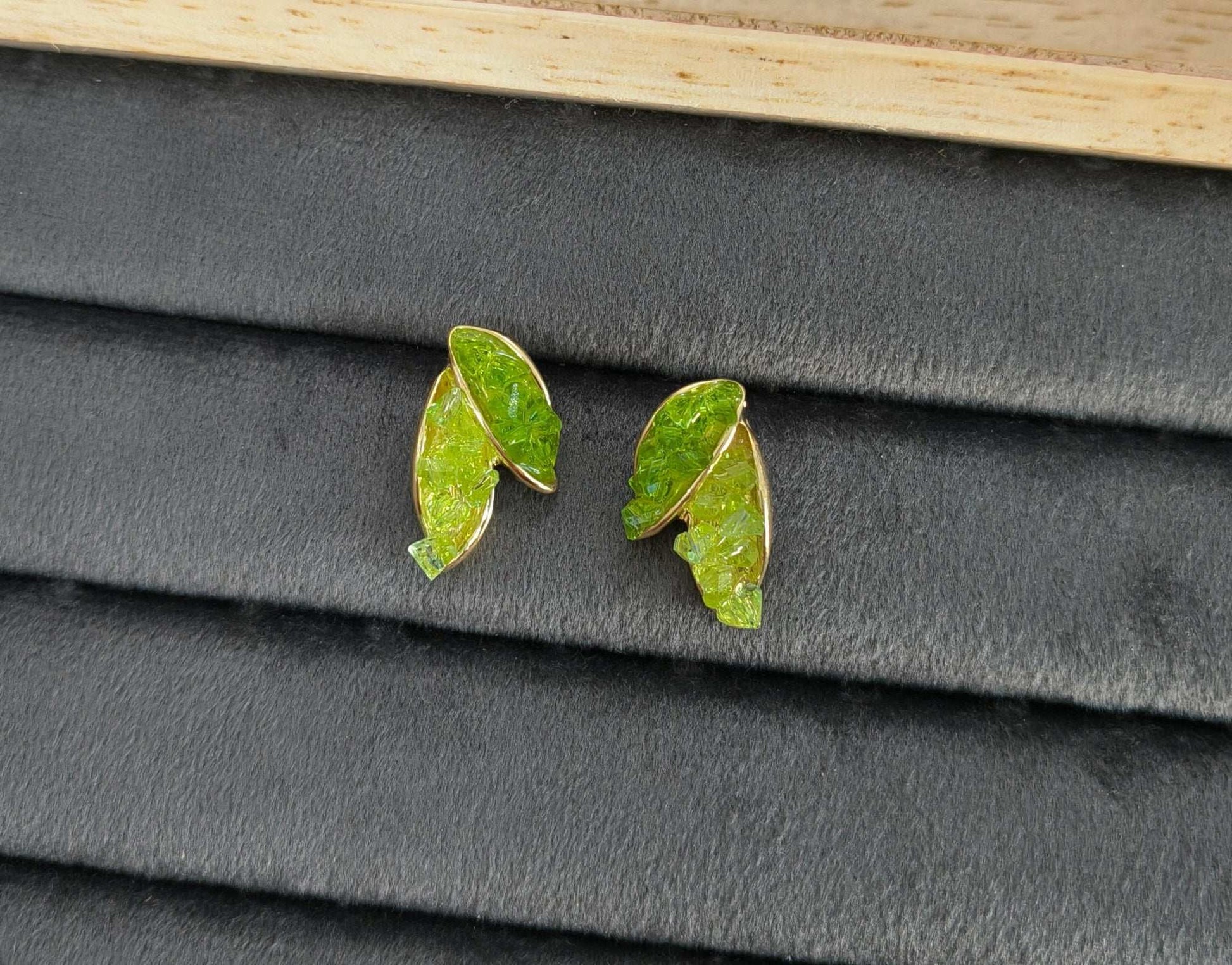 Anitarnish Leaf Shaped Green Crystal Stud Earrings