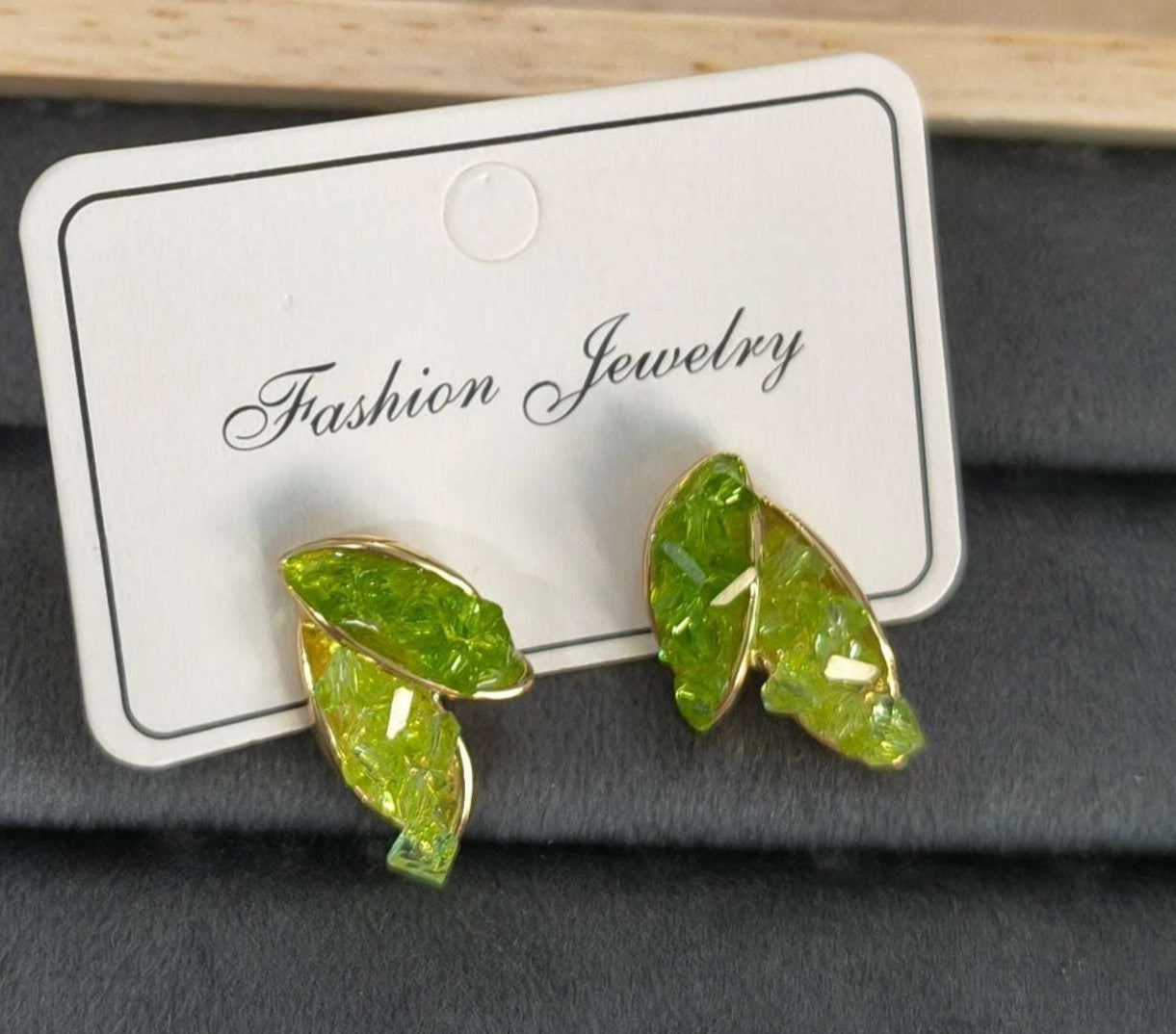 Anitarnish Leaf Shaped Green Crystal Stud Earrings