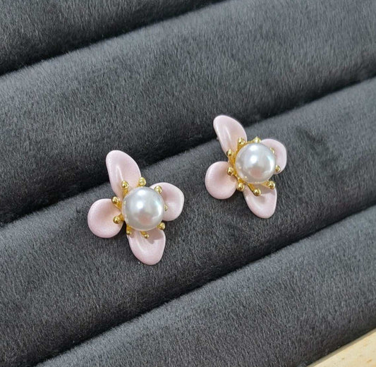 Anitarnish Pearl Studded Pink Flower Stud Earrings