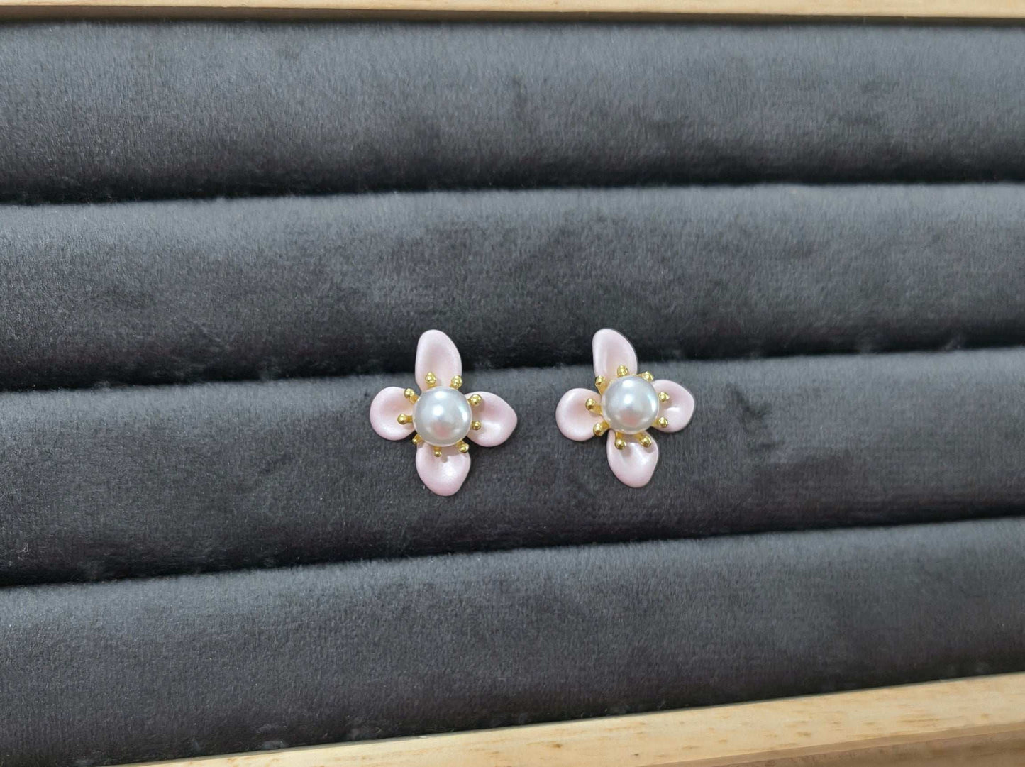 Anitarnish Pearl Studded Pink Flower Stud Earrings
