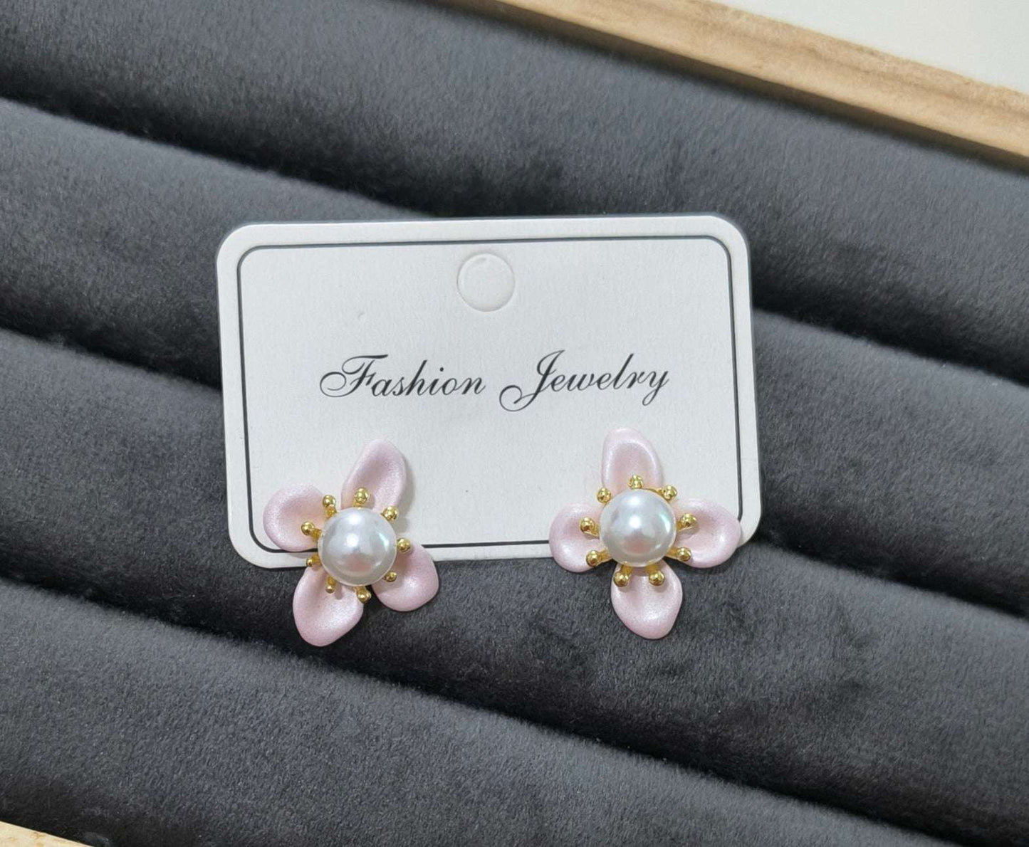 Anitarnish Pearl Studded Pink Flower Stud Earrings