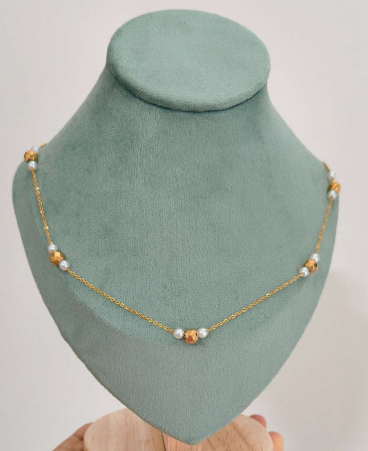Anitarnish Pearl and Golden Beads Necklace 18K Gold Plated 