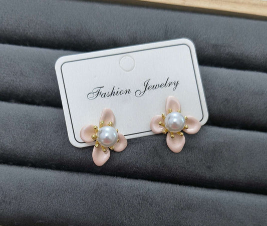 Anitarnish Pink Pearl and Flower Stud Earrings