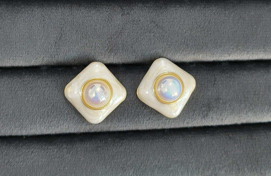 Anitarnish Round Pearl Square Shaped Enamel Stud Earrings 