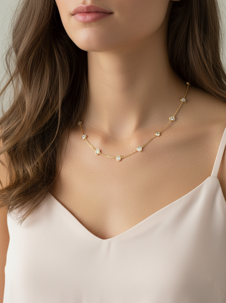 Anitarnish Diamond Drops Chain Necklace 18K Gold Plated