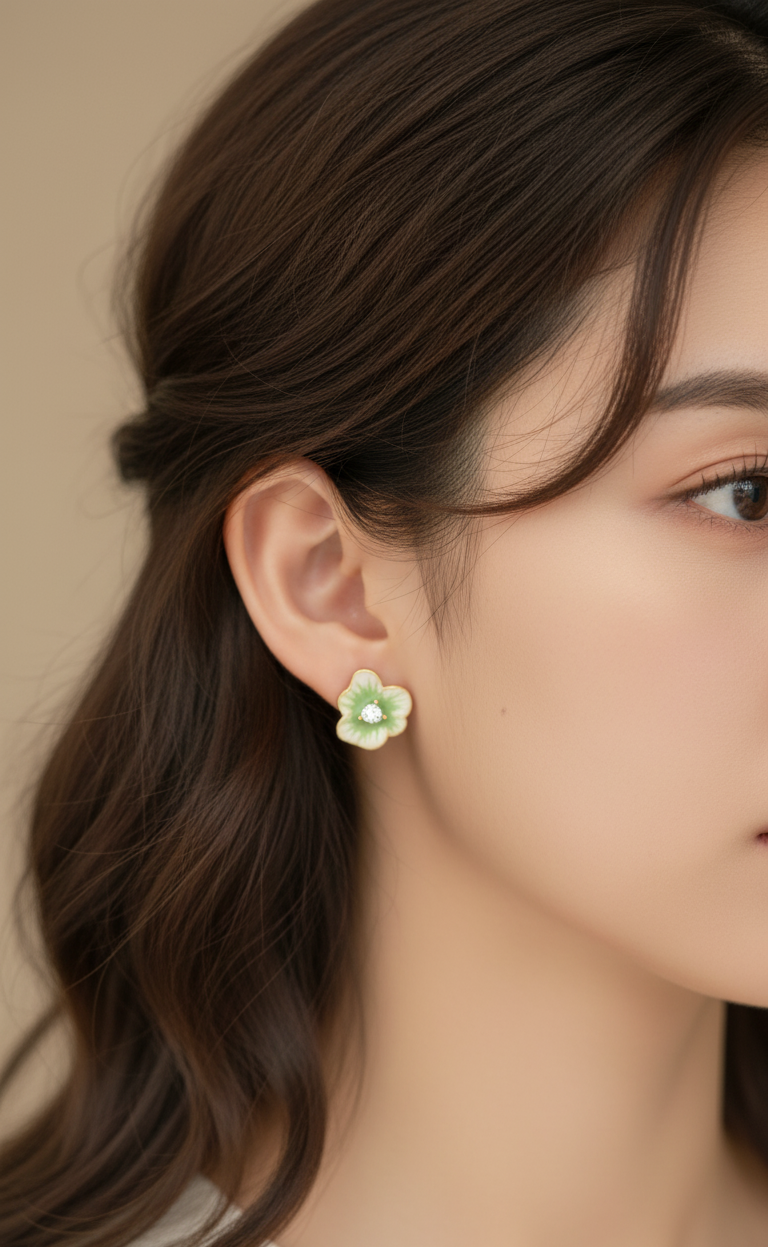 Anitarnish Green Flower Stud Enamel Earrings