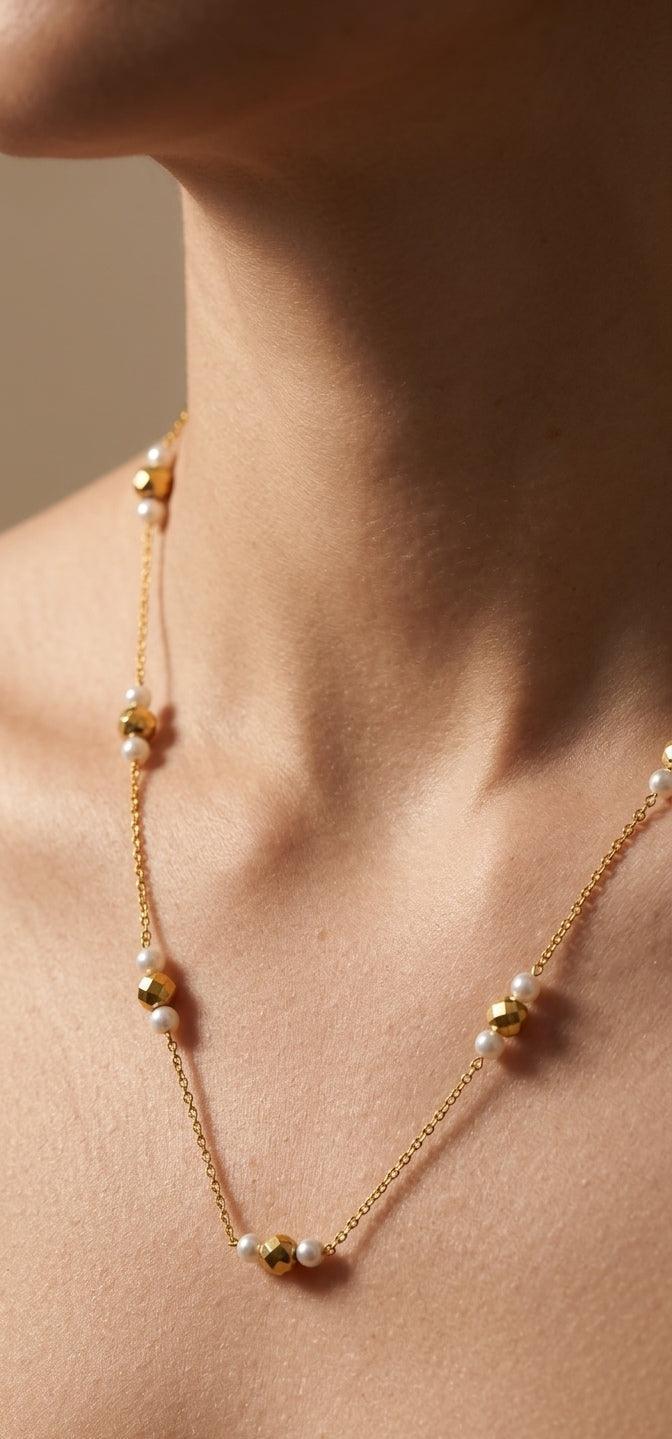 Anitarnish Pearl and Golden Beads Necklace 18K Gold Plated