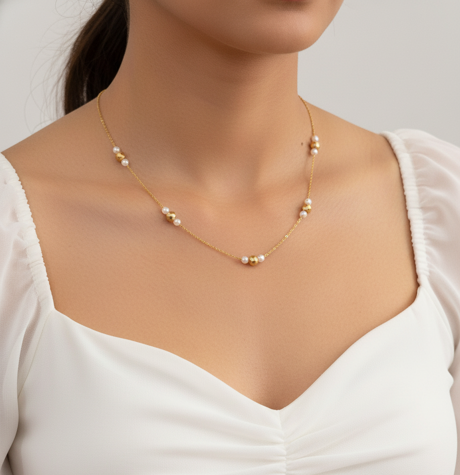 Anitarnish Pearl and Golden Beads Necklace 18K Gold Plated 