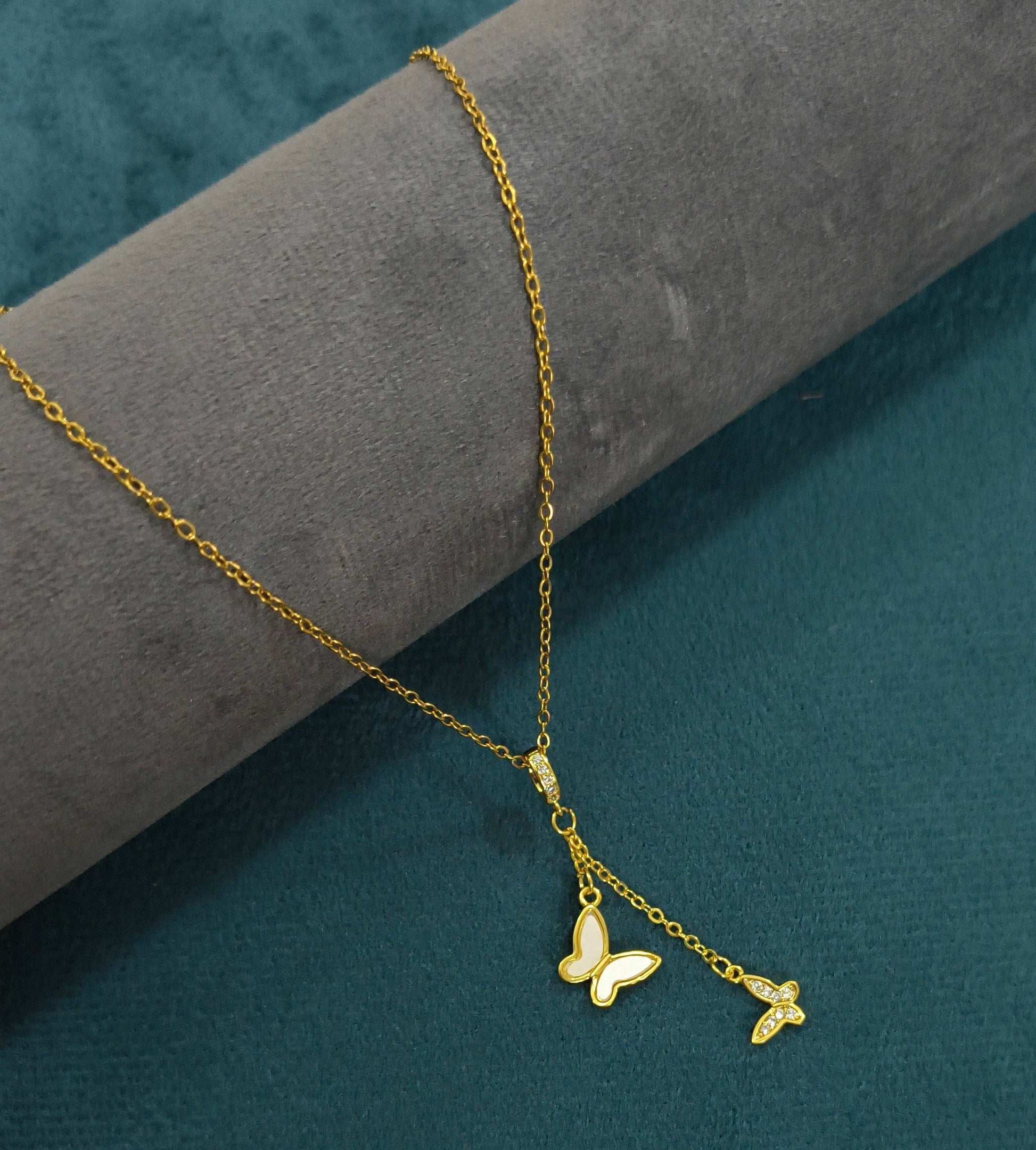 Anti Tarnish Butterfly Drop Pendant Necklace 18K Gold Plated