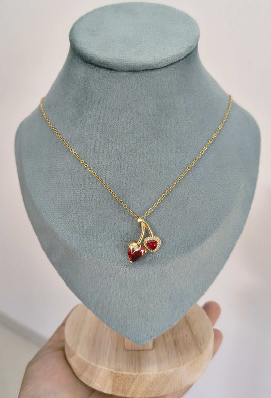 Anti Tarnish Cute Red Cherry Gold Necklace 18K Gold Plated