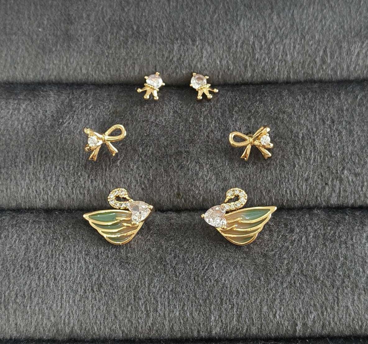 Anti Tarnish Dainty Swan Earrings Set of 3 18K Gold Plated