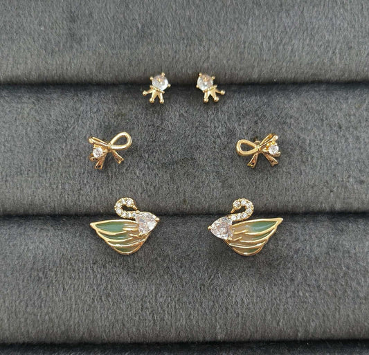 Anti Tarnish Dainty Swan Earrings Set of 3 18K Gold Plated