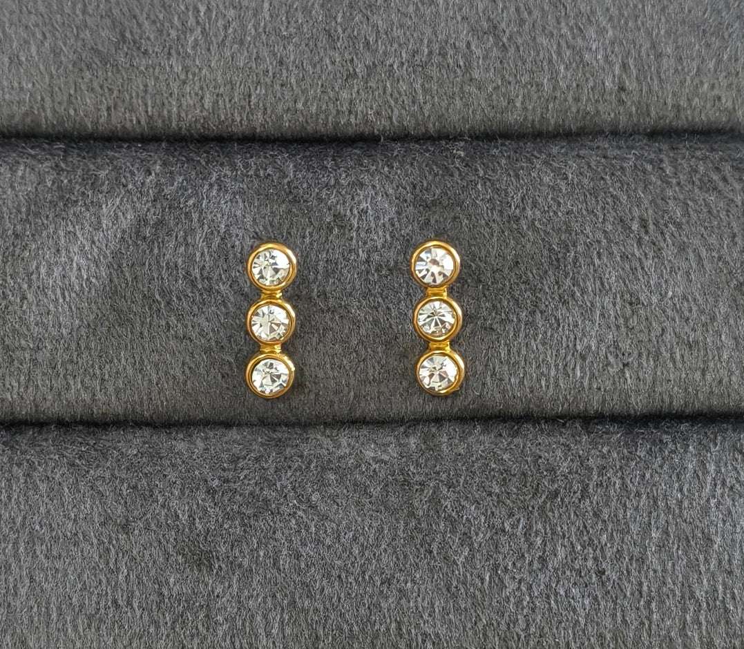 Anti Tarnish Dainty Three Solitaire Earrings 18K Gold Plated