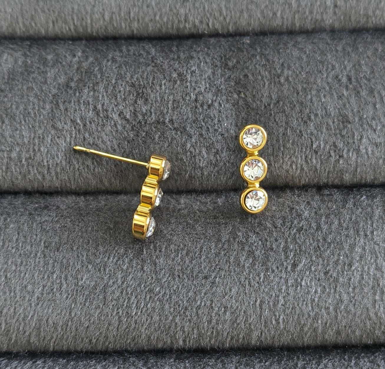 Anti Tarnish Dainty Three Solitaire Earrings 18K Gold Plated