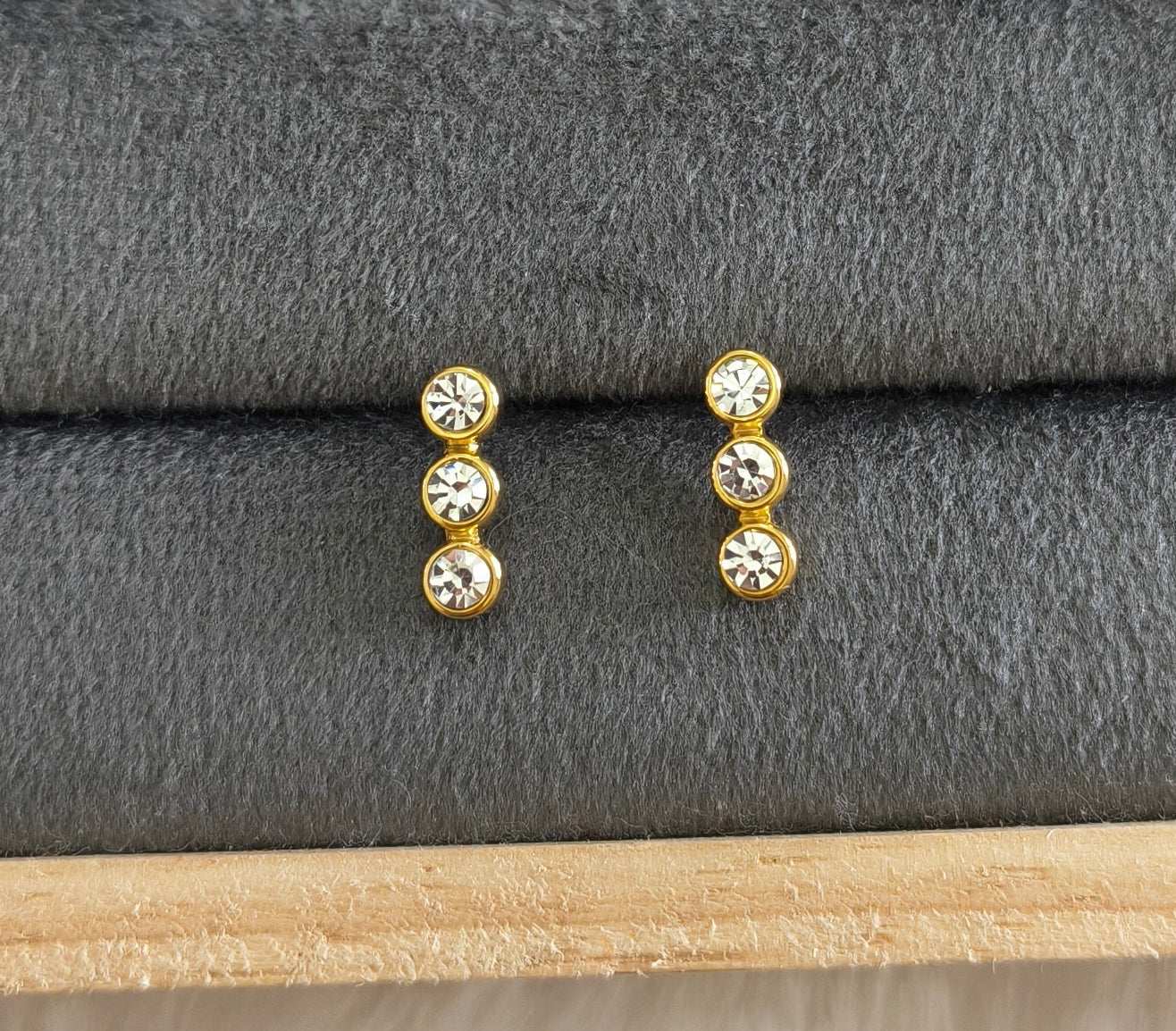 Anti Tarnish Dainty Three Solitaire Earrings 18K Gold Plated