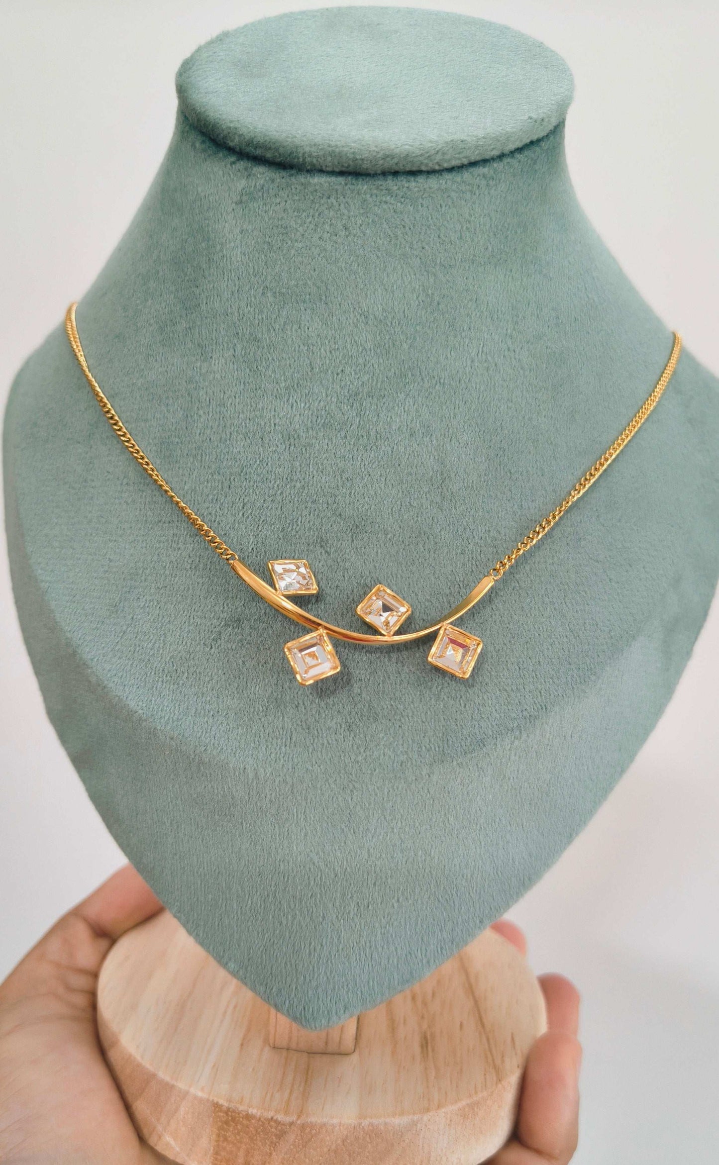Anti Tarnish Delicate Square Diamond Necklace 18K Gold Plated