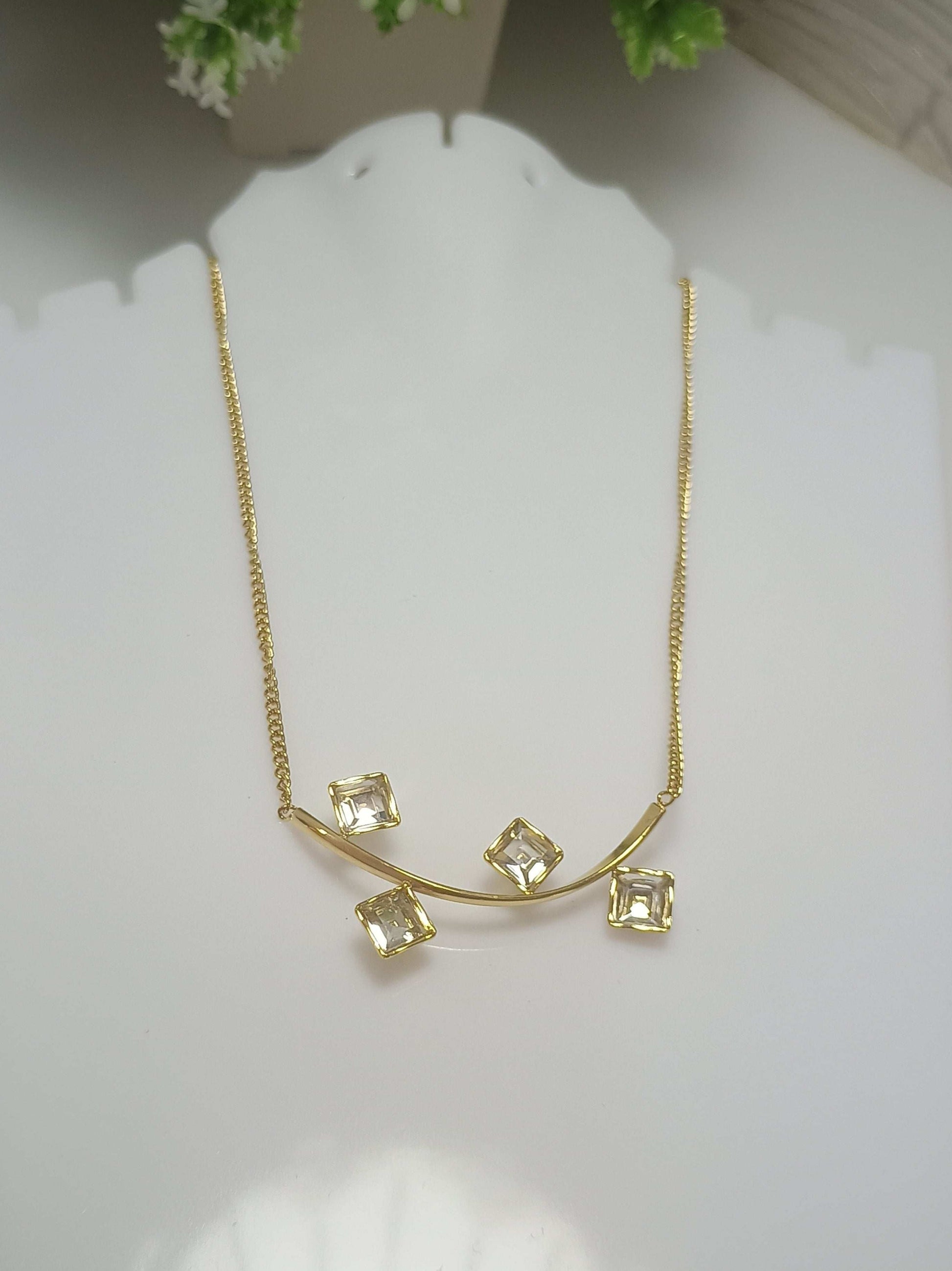 Anti Tarnish Delicate Square Diamond Necklace 18K Gold Plated