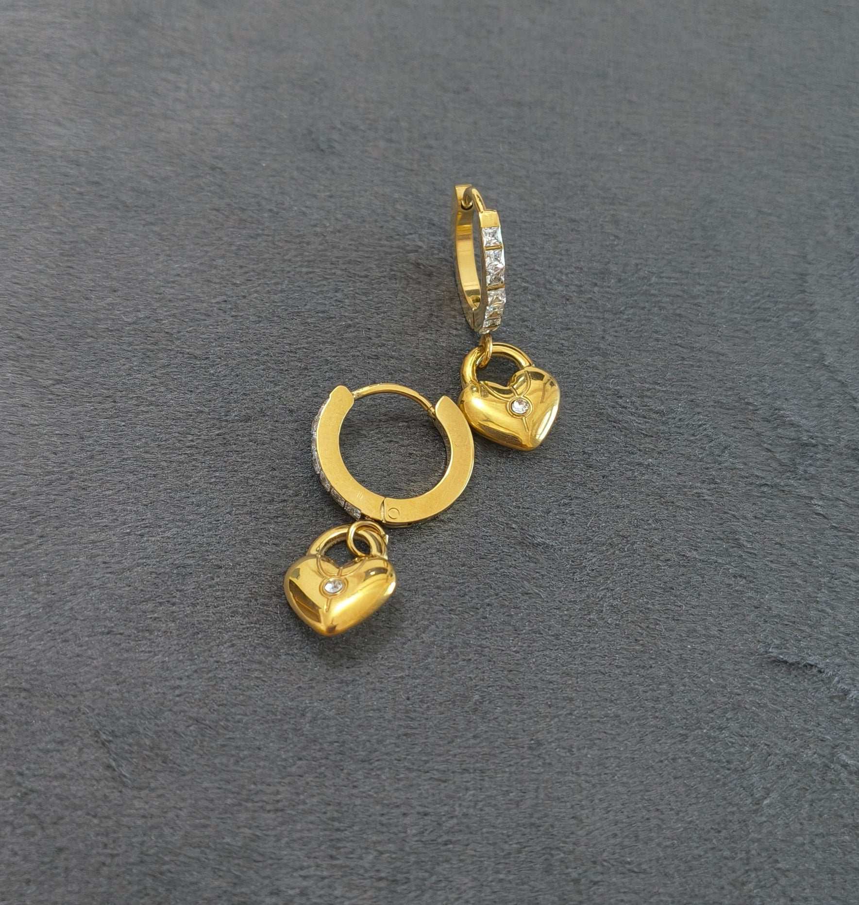 Anti Tarnish Heart Lock Dangler Earrings 18K Gold Plated