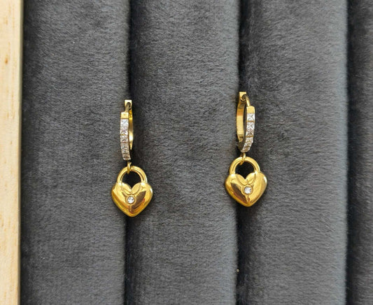 Anti Tarnish Heart Lock Dangler Earrings 18K Gold Plated