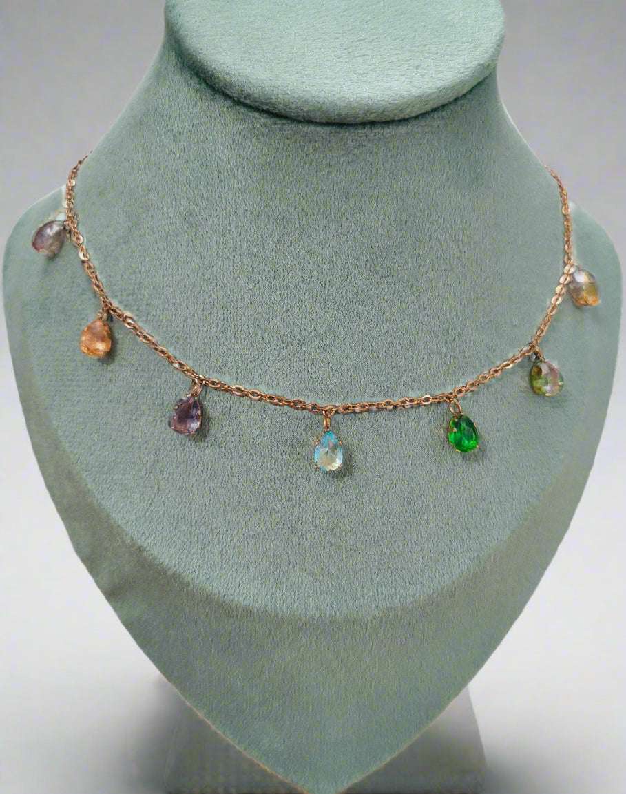 Anti Tarnish Rosegold Multicolor Diamond Drop Necklace
