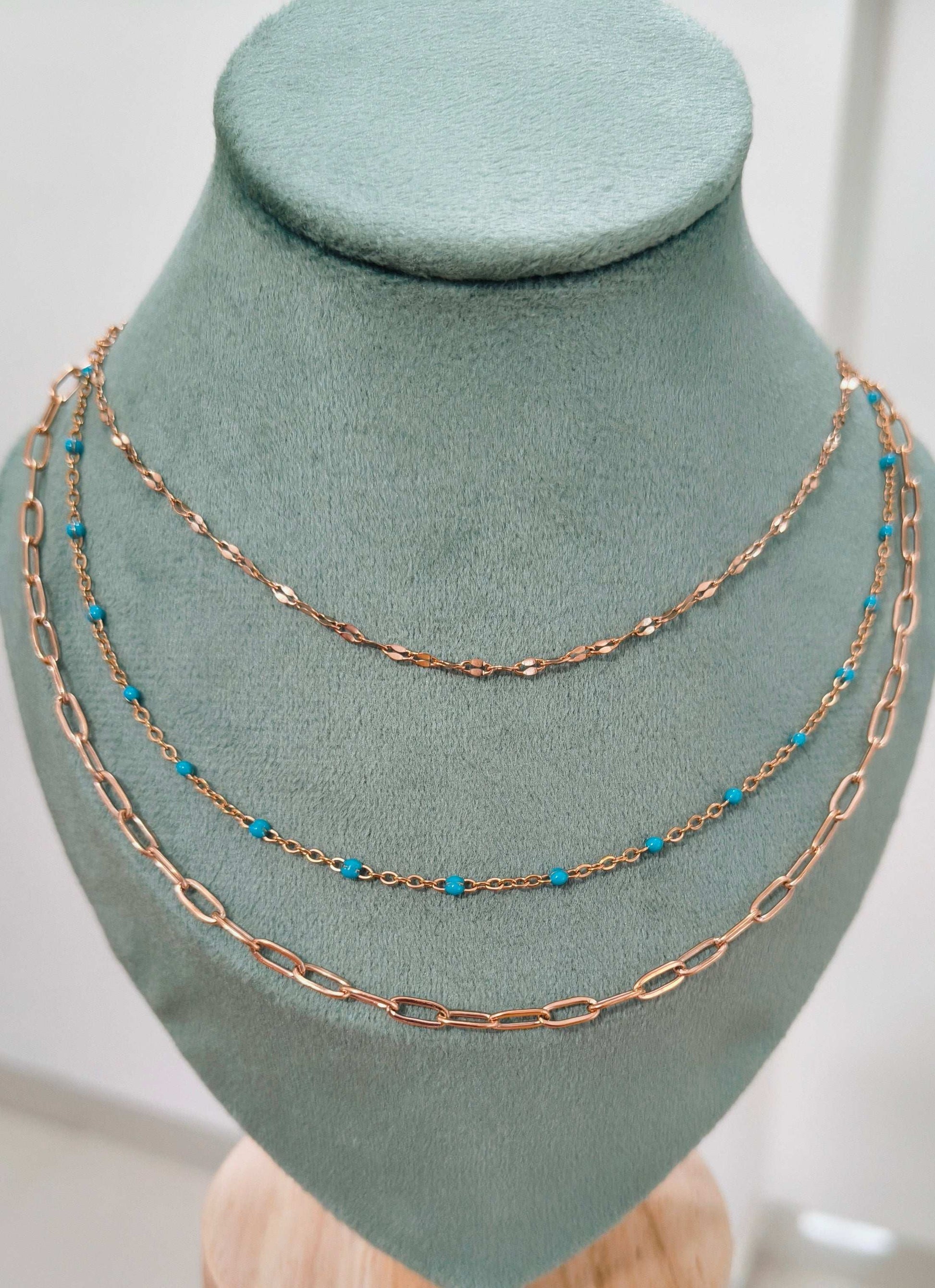 Anti Tarnish Rosegold Three Layered Chain Necklace