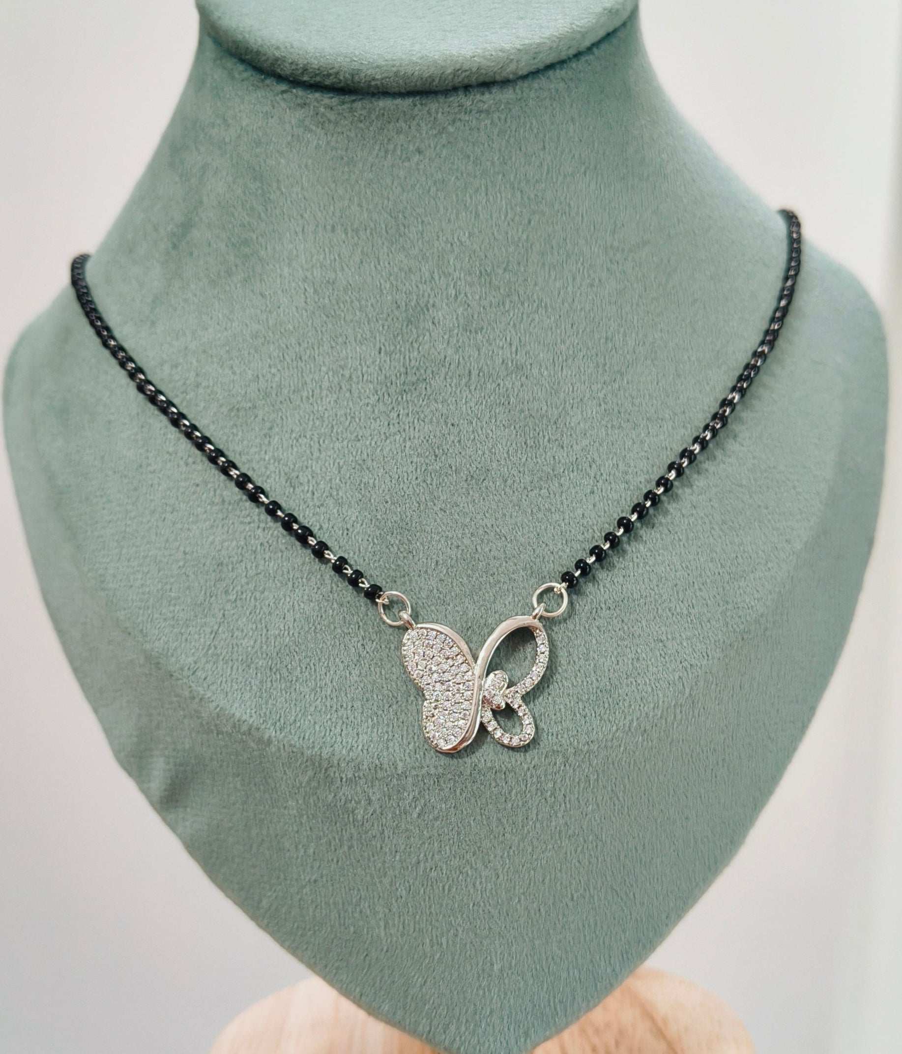 Anti Tarnish Silver Toned Butterfly Mangalsutra Necklace