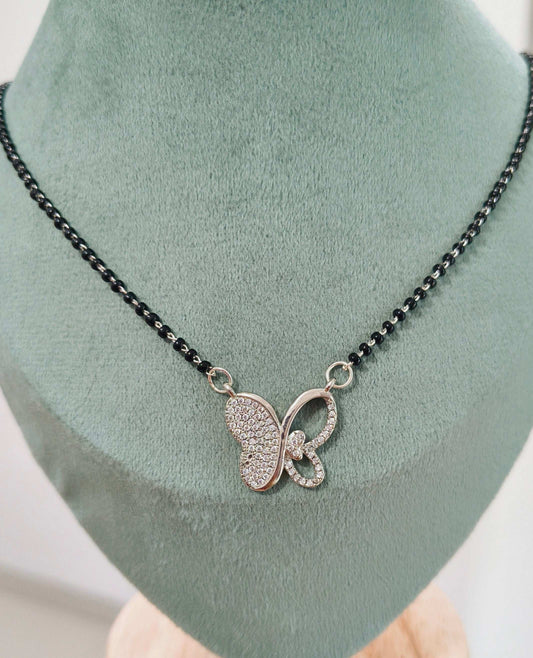 Anti Tarnish Silver Toned Butterfly Mangalsutra Necklace