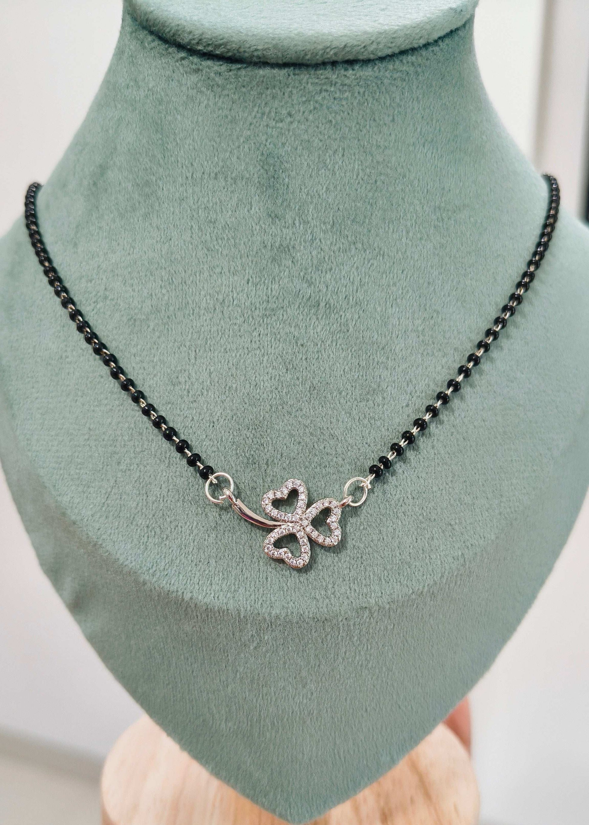 Anti Tarnish Silver Toned Flower Pendant Mangalsutra Necklace