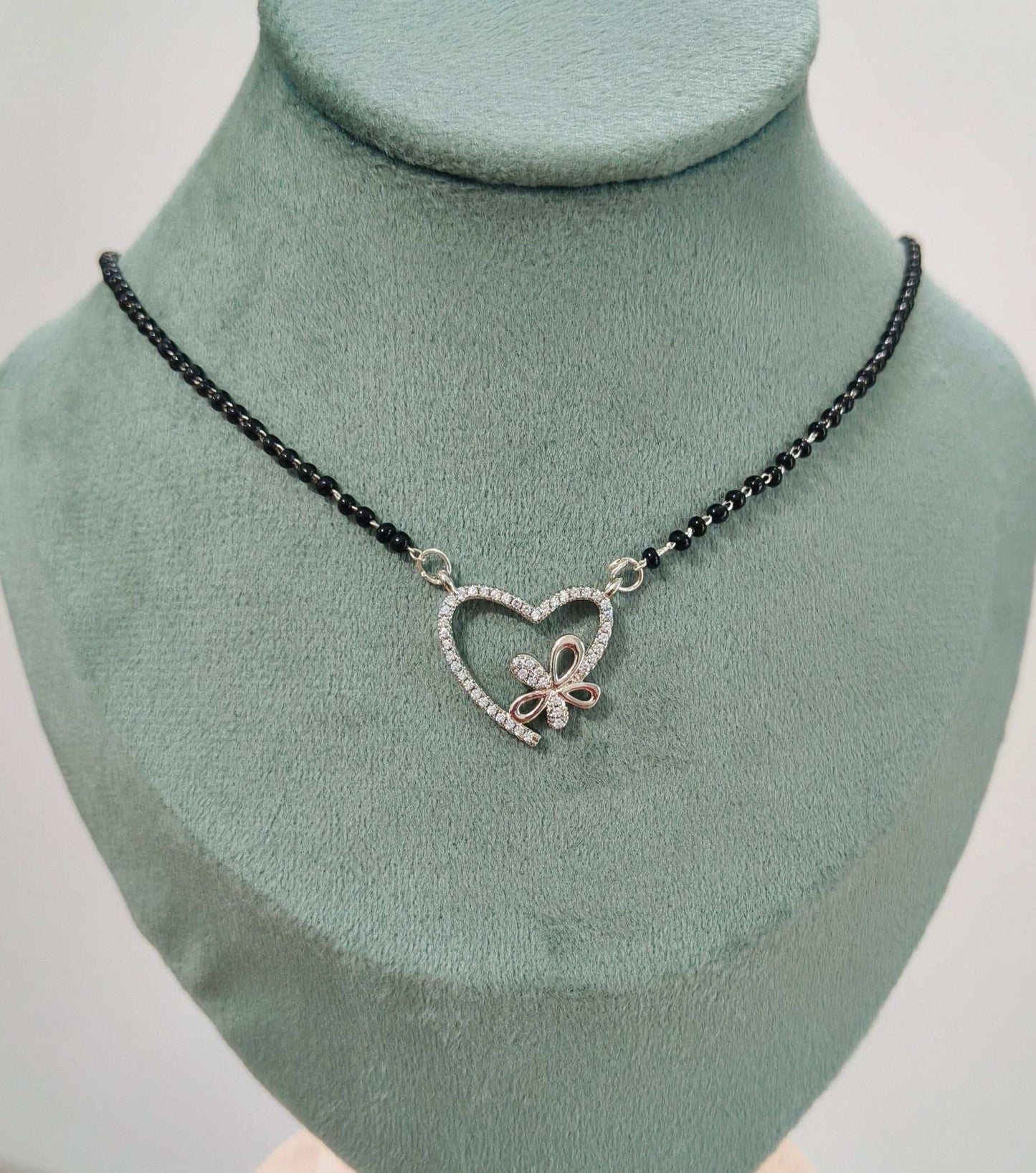 Anti Tarnish Silver Toned Heart Pendant Mangalsutra Necklace