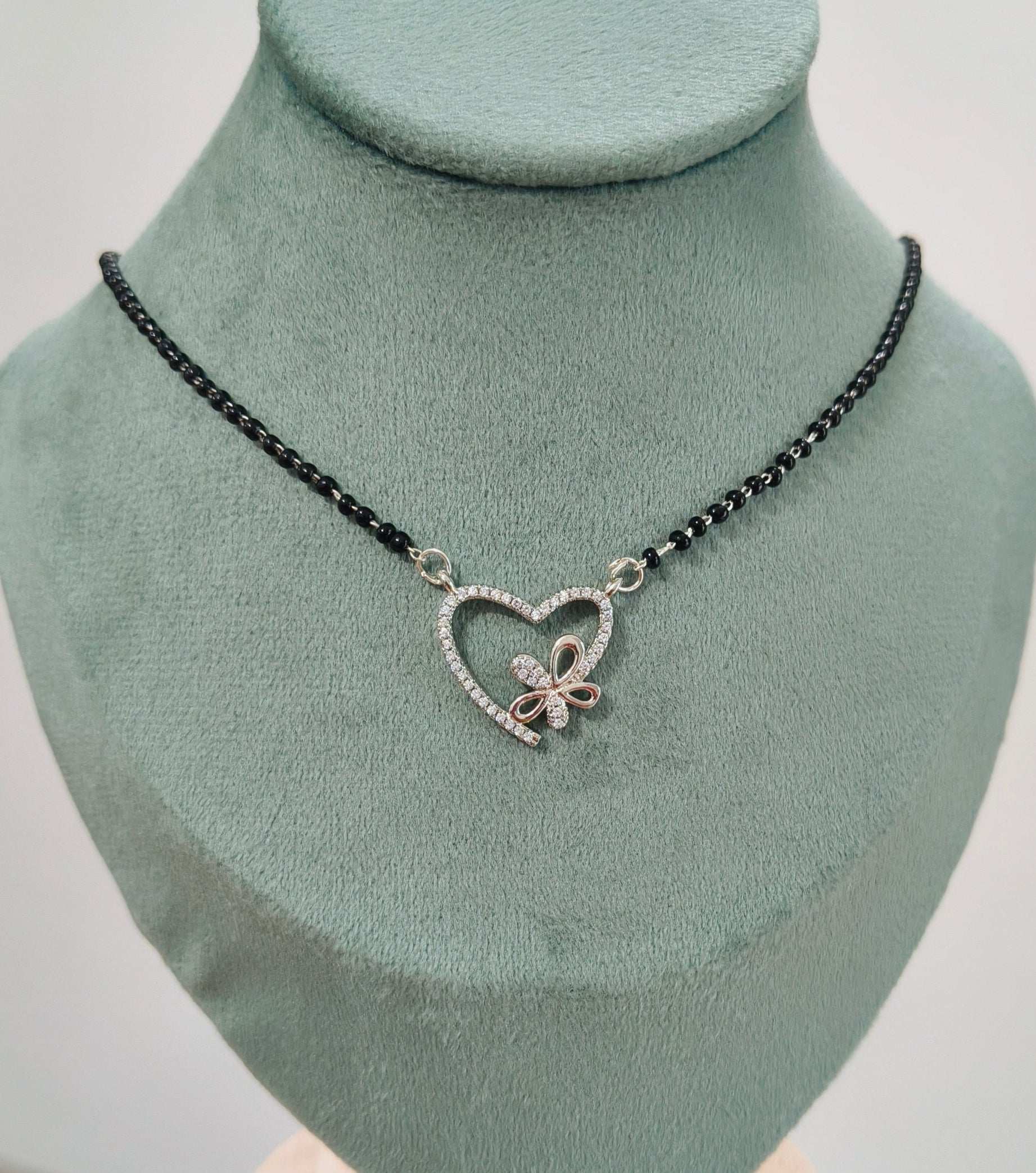Anti Tarnish Silver Toned Heart Pendant Mangalsutra Necklace