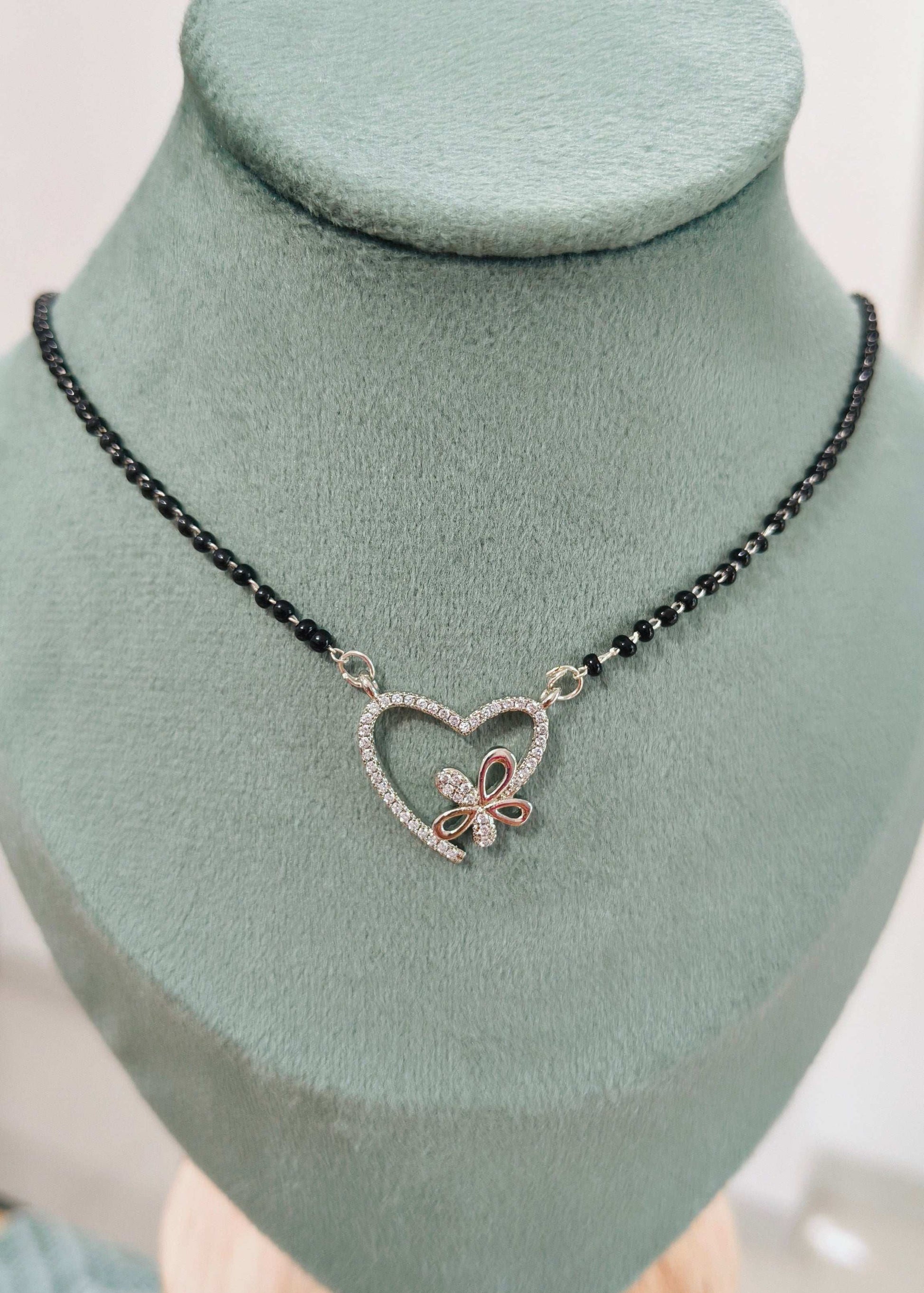Anti Tarnish Silver Toned Heart Pendant Mangalsutra Necklace
