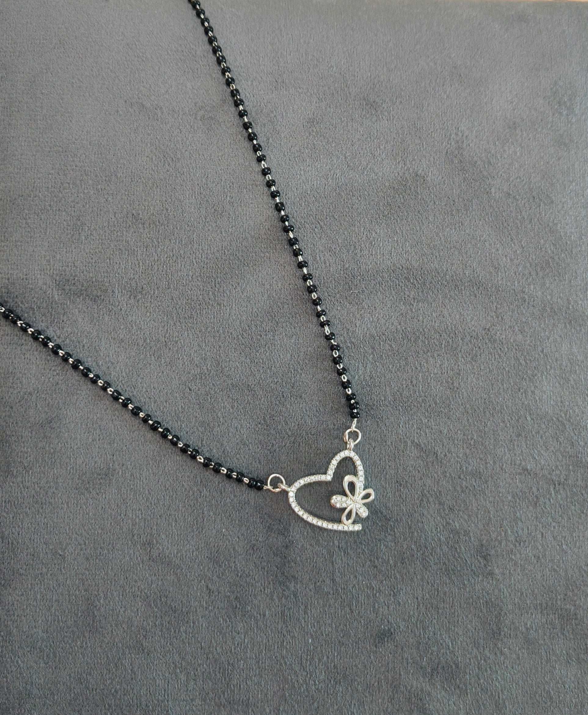 Anti Tarnish Silver Toned Heart Pendant Mangalsutra Necklace