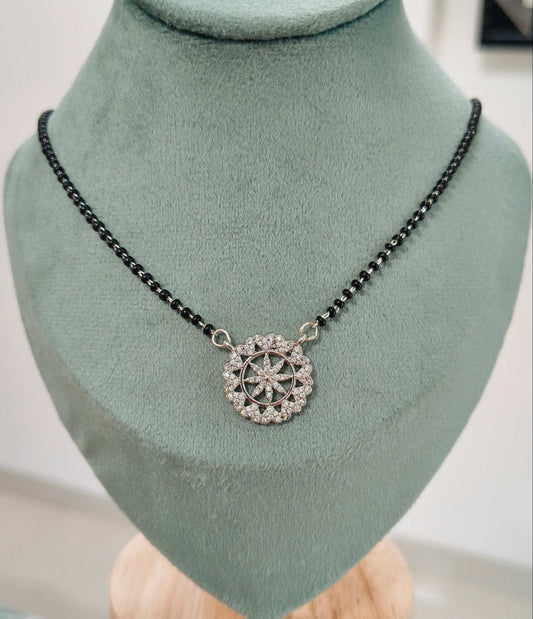 Anti Tarnish Silver Toned Round Pendant Mangalsutra Necklace