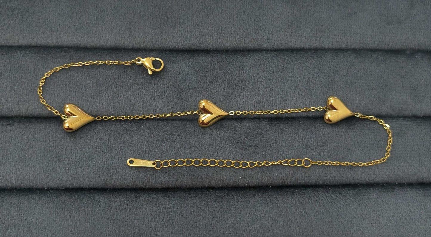 Anti Tarnish Solid Hearts Anklet 18K Gold Plated