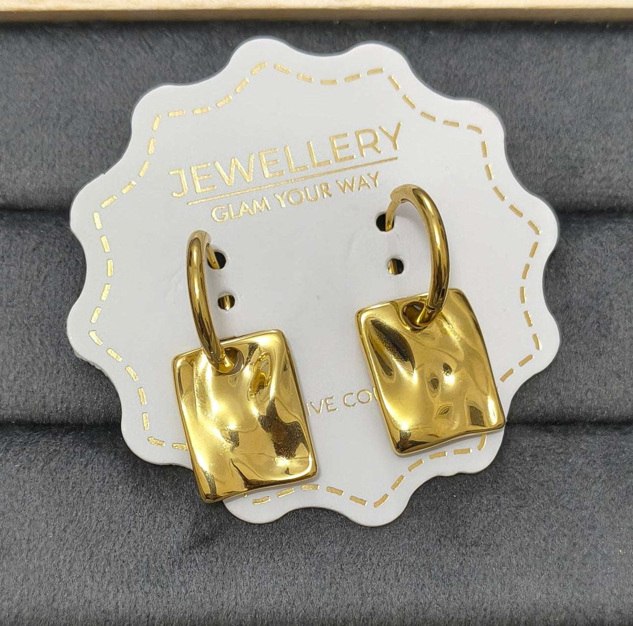 Anti Tarnish Square Drop Earrings 18K Gold Plated 