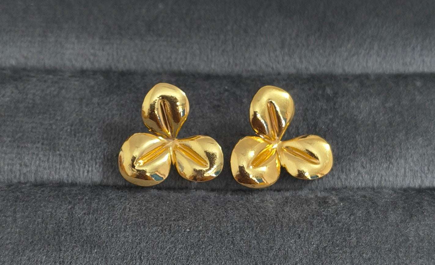 Anti Tarnish Three Leaf Stud Earrings 18K Gold Plated